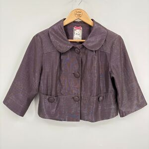 Anthropologie Yoanna Baraschi Cropped Blazer in Shiny Purple, Sz 4, Button Front